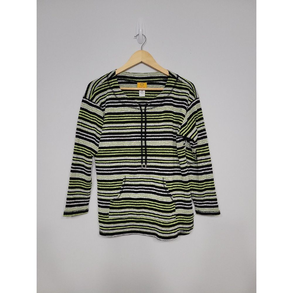 Ruby Rd. Women's Pullover Size Medium Neck Drawstring Striped Lime